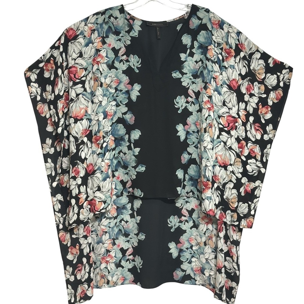 BCBGMAXAZRIA Kimono Top Women Black‎ Floral Oversized Boho Flowy Romantic Chic S